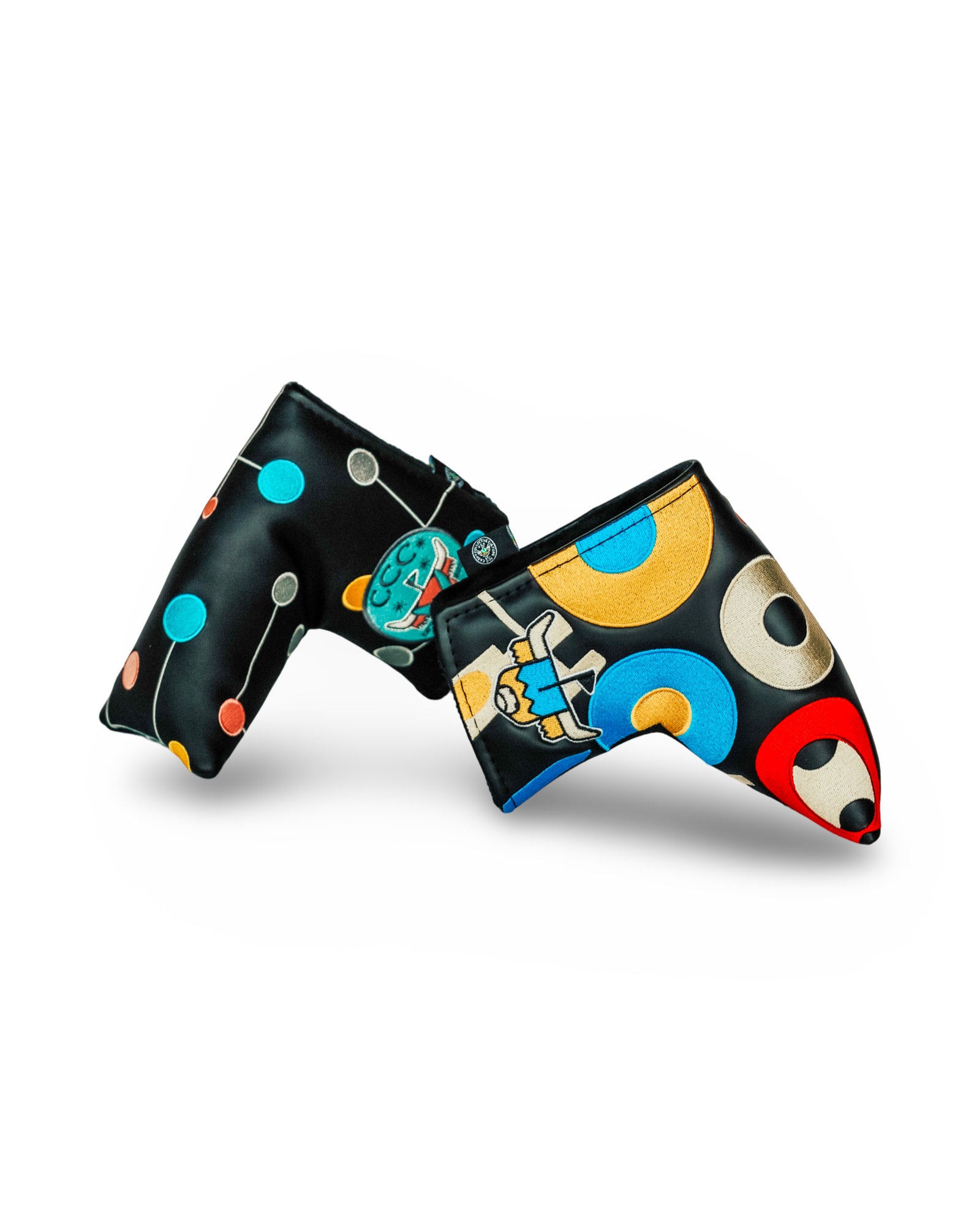 Front and back view of the Atomic Era Blade Putter Headcover with CCC Looper logo and colorful atomic-inspired pattern