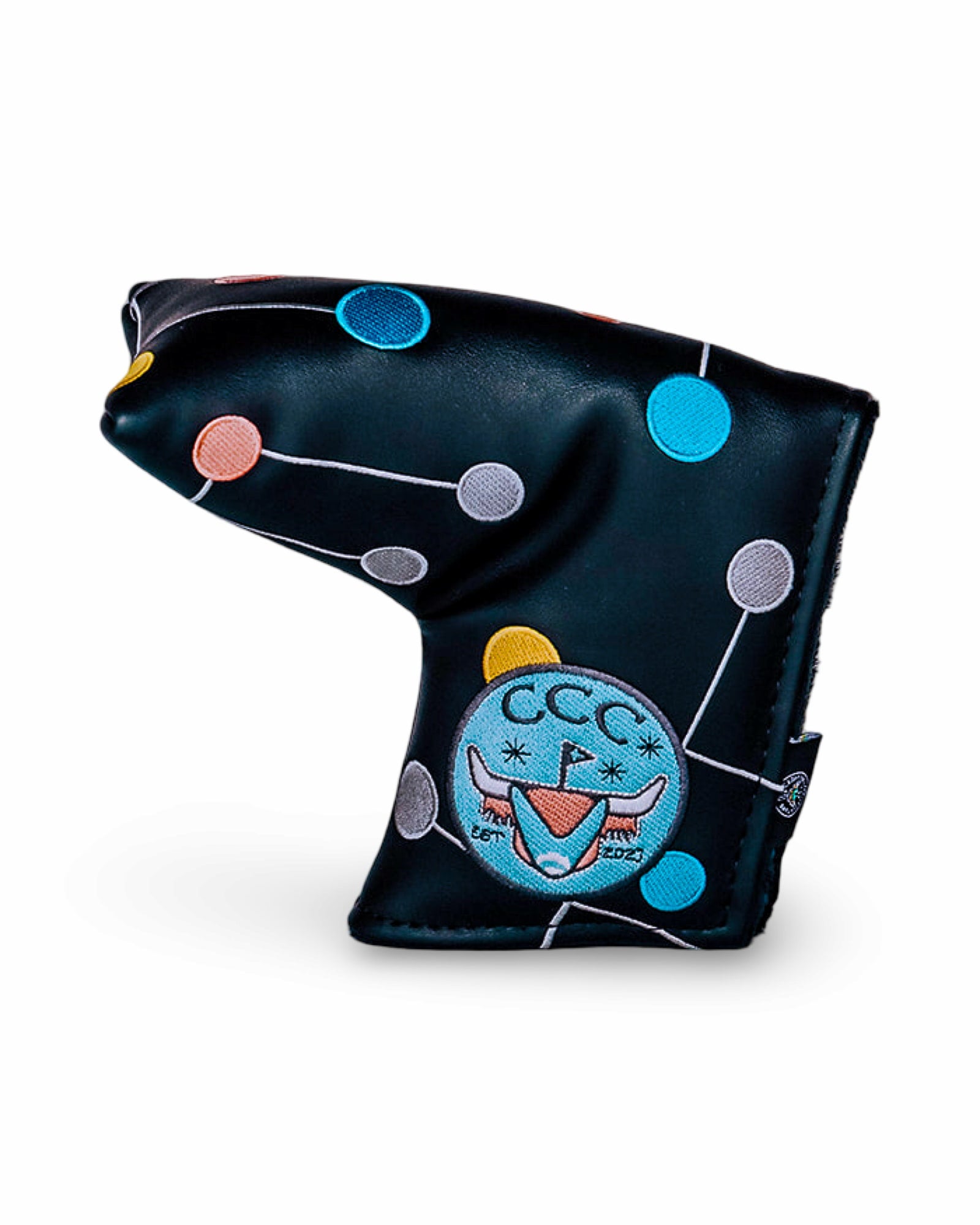 Close-up side view of the Atomic Era Blade Putter Headcover with CCC logo and atomic dot embroidery.
