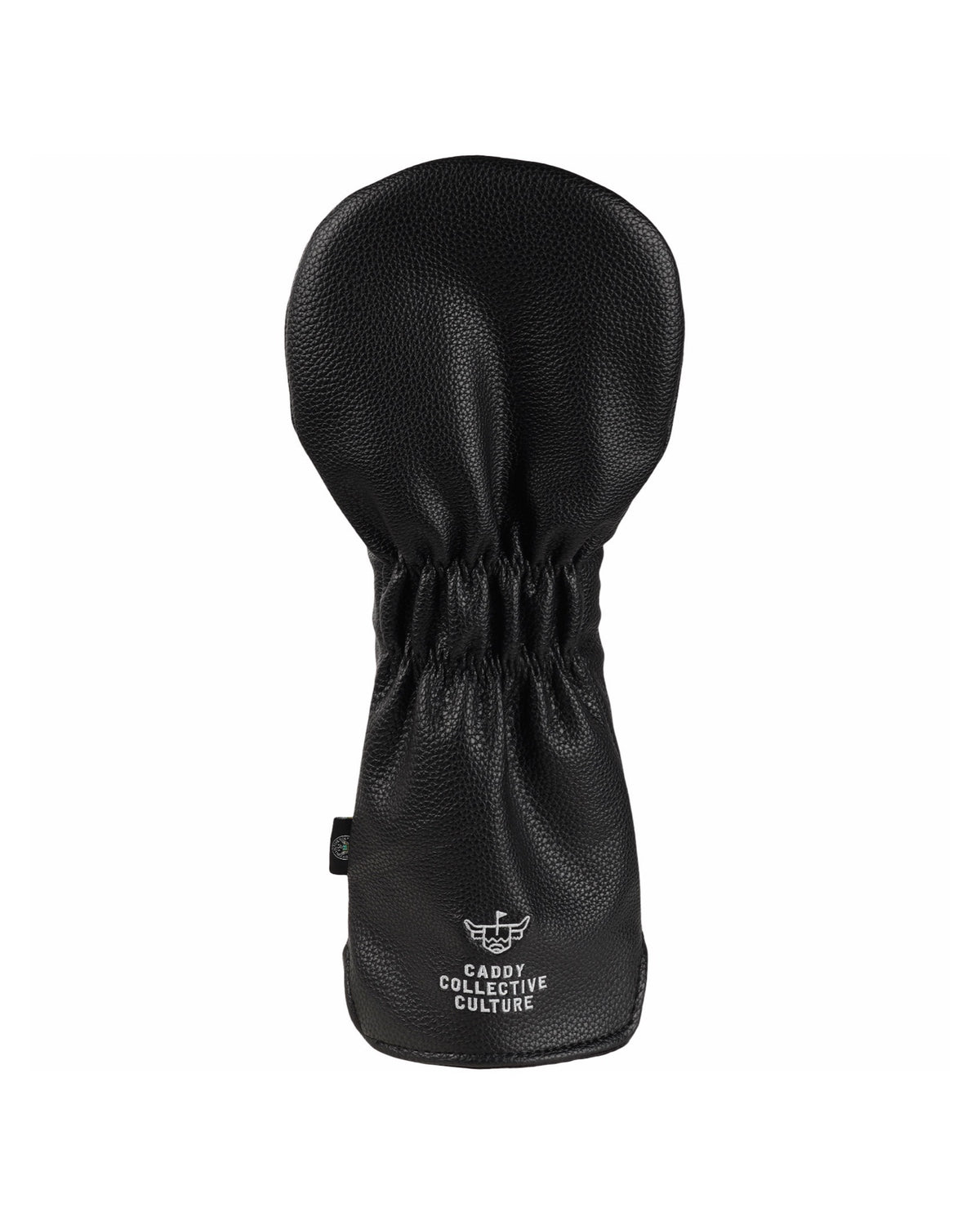 Back of the black Brutus Clubhouse driver headcover with embroidered Caddy Collective Culture logo.