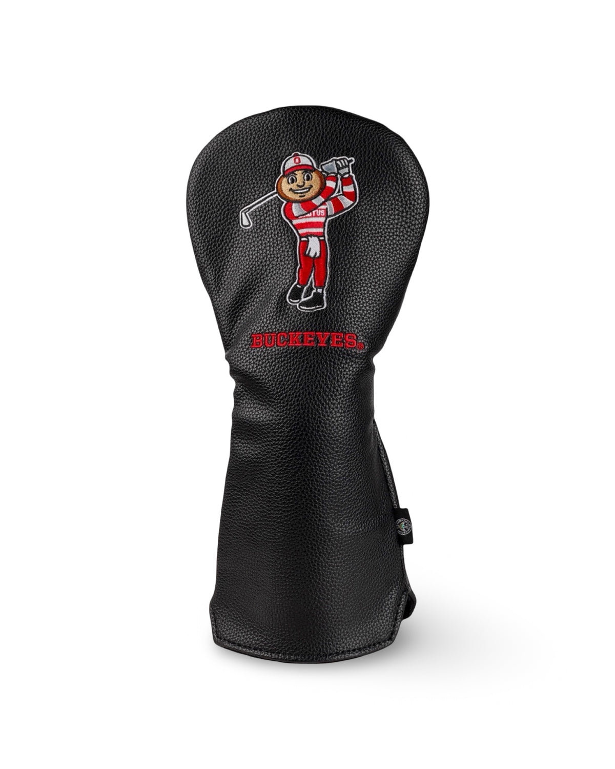Black Brutus Clubhouse driver headcover featuring embroidered golfing Brutus and Buckeyes lettering.