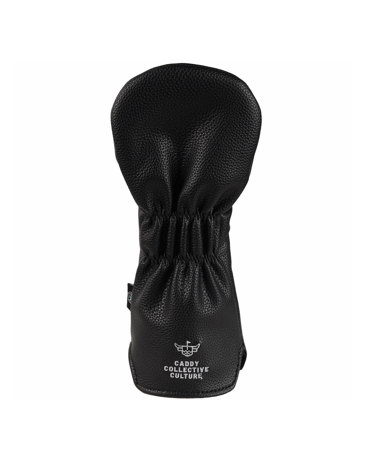 Back of the black Brutus Clubhouse fairway headcover with embroidered Caddy Collective Culture logo.