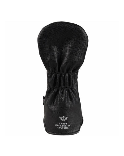 Back of the black Brutus Clubhouse fairway headcover with embroidered Caddy Collective Culture logo.