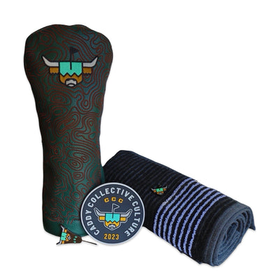 Looper’s Field Kit by Caddy Collective Culture featuring green topographic driver headcover, black striped caddy towel, practice disc, ball marker and divot tool.