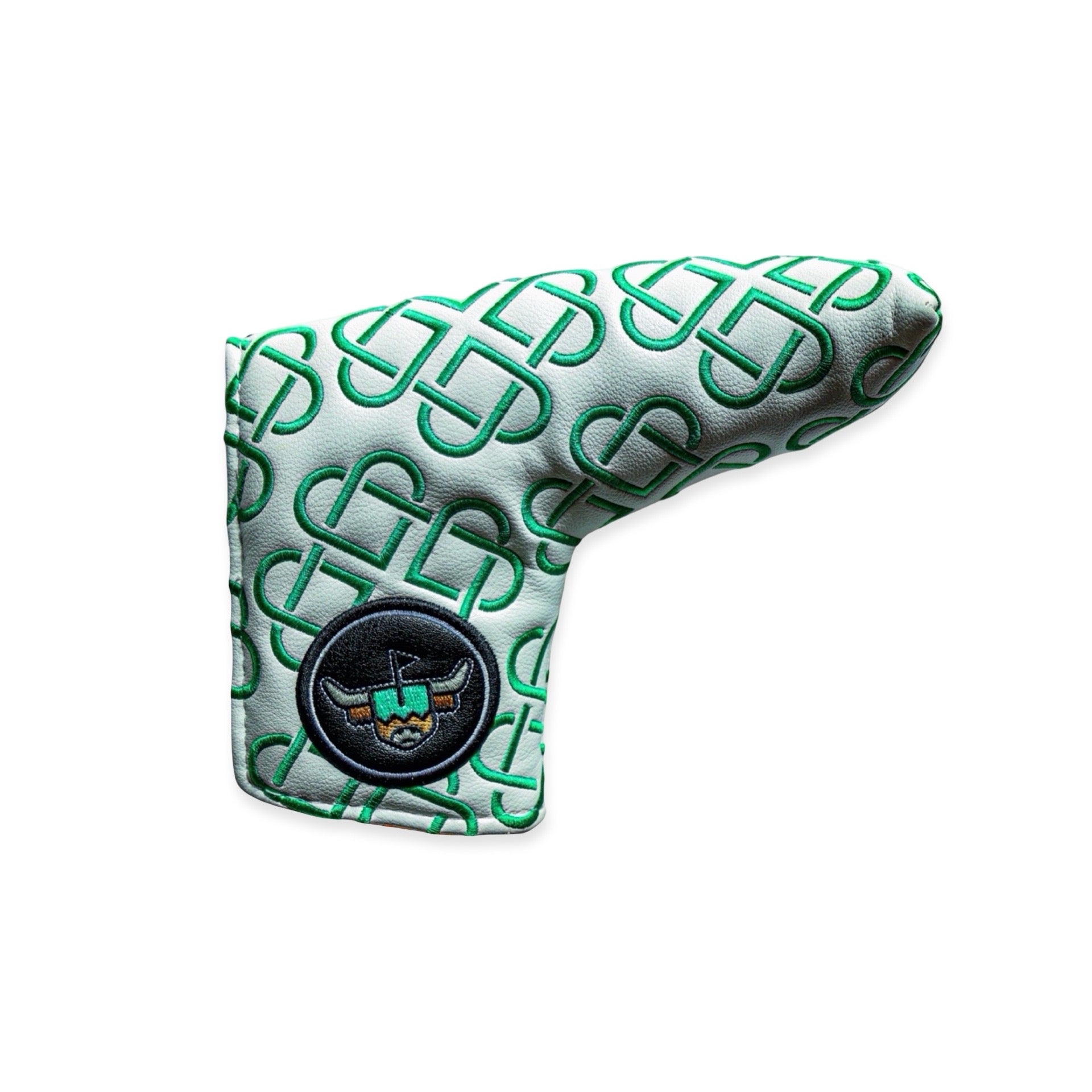 Clover Hearts blade putter cover with white leather, green embroidered clover pattern, and Looper logo