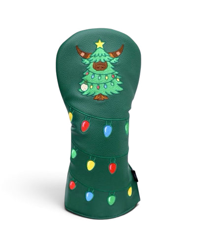 Evergreen Looper driver headcover with green leather, festive light pattern, and embroidered Looper tree logo