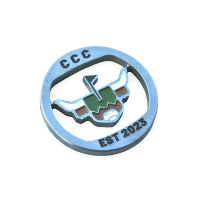 First Cut CCC Mark ball marker with brushed metal ring and enamel Looper logo by Caddy Collective Culture