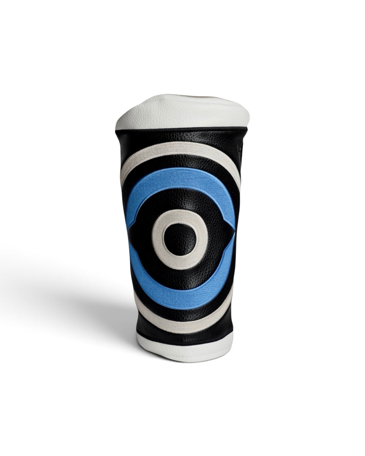 Fore Eye leather driver headcover with black and white leather and blue circular design by Caddy Collective Culture