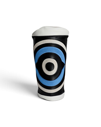 Fore Eye leather driver headcover with black and white leather and blue circular design by Caddy Collective Culture