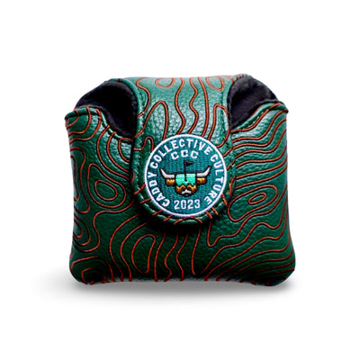 Back of green topography mallet headcover featuring CCC 2023 round patch with Looper logo
