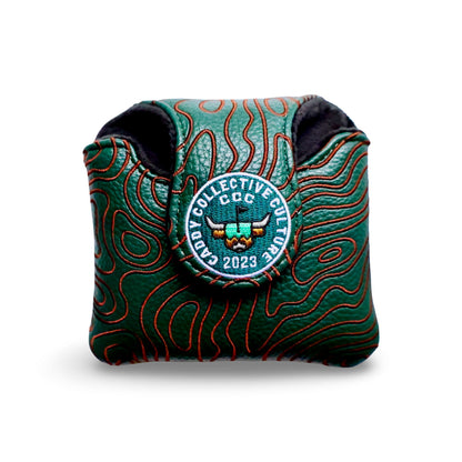 Back of green topography mallet headcover featuring CCC 2023 round patch with Looper logo
