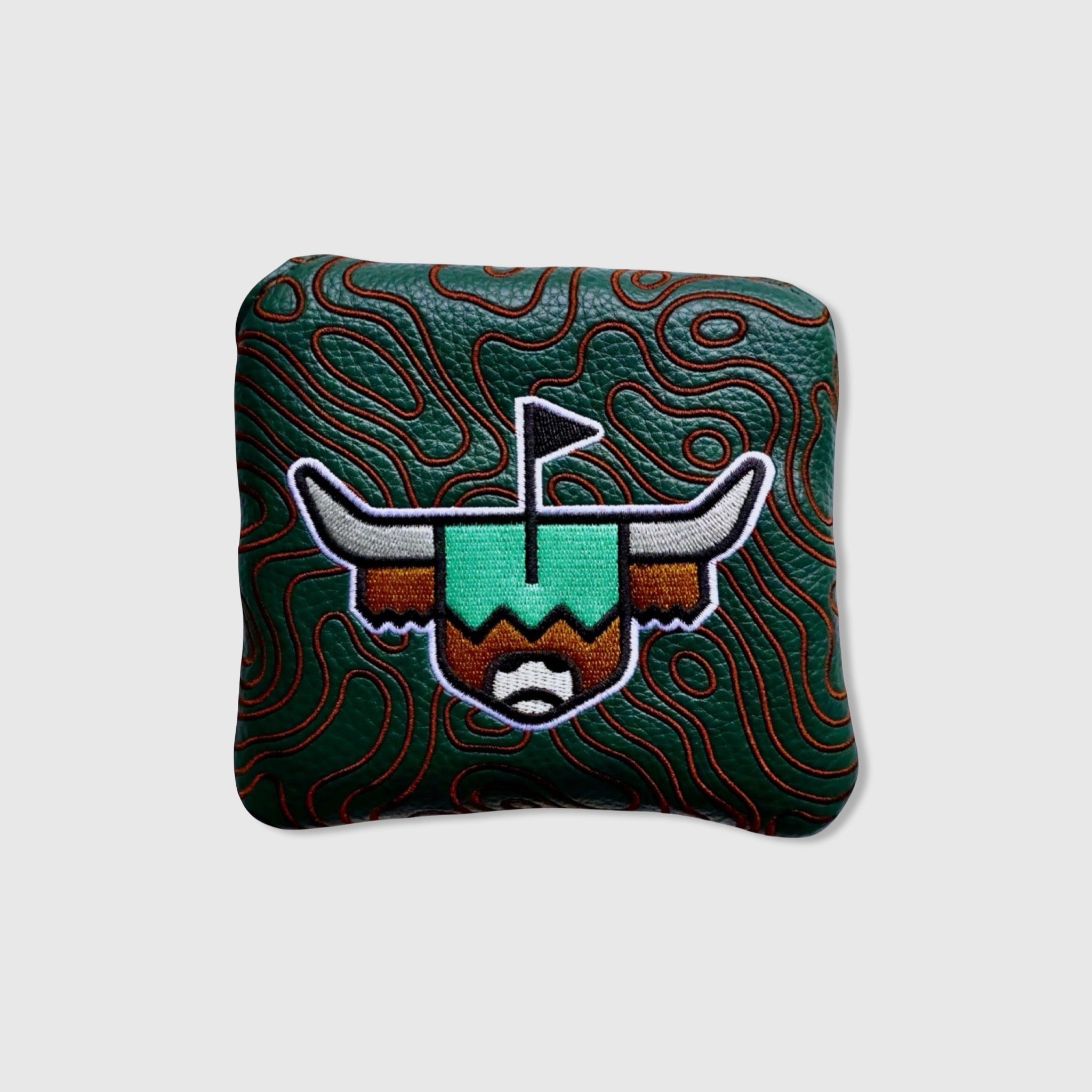 Green topography mallet putter headcover with embroidered Looper logo by Caddy Collective Culture