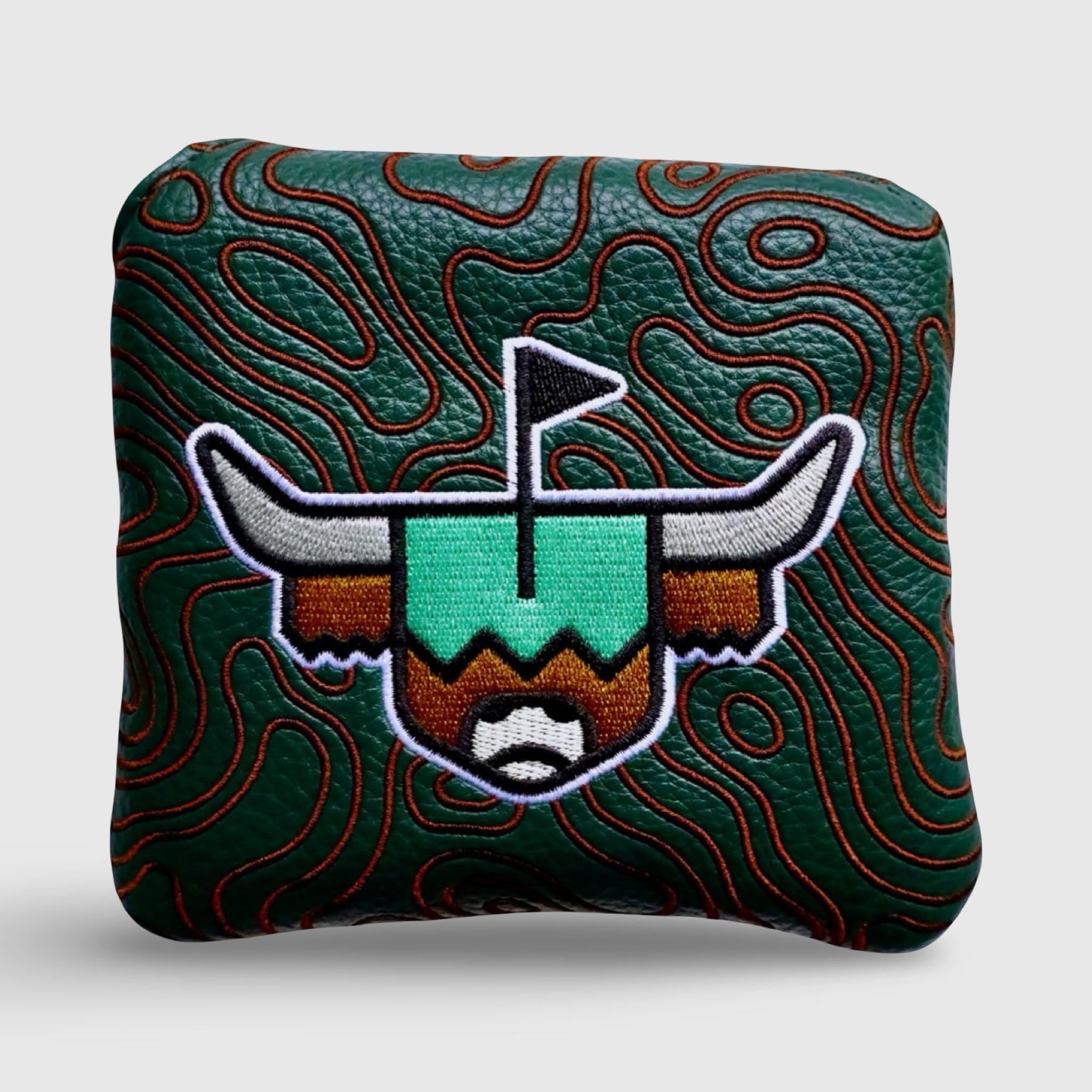 Green topography mallet putter headcover with embroidered Looper logo by Caddy Collective Culture
