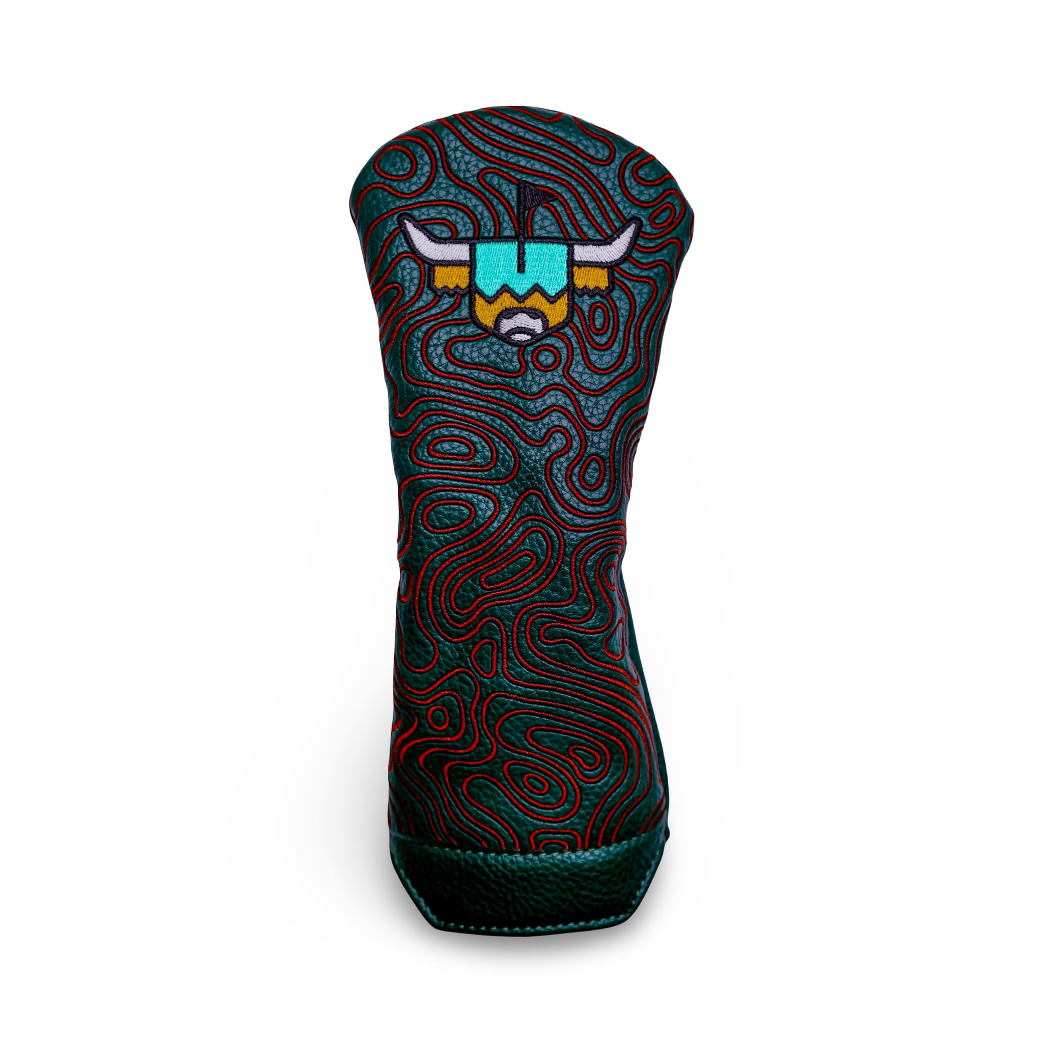 Caddy Collective Culture Terrain Hybrid Headcover featuring Looper logo with embossed green leather and red topographic pattern.