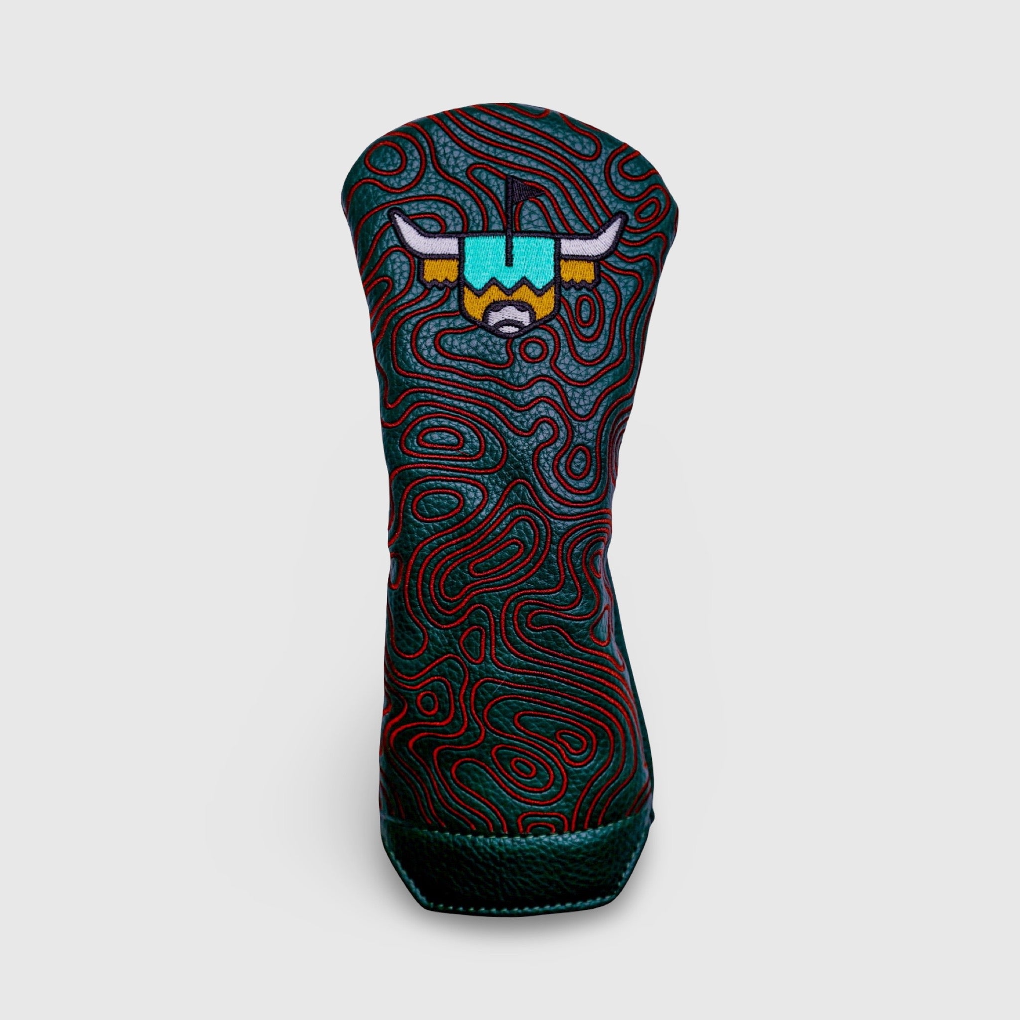 Caddy Collective Culture Terrain Hybrid Headcover featuring Looper logo with embossed green leather and red topographic pattern.