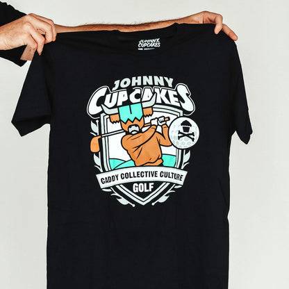 Johnny Cupcakes x CCC golf T-shirt displayed flat, front graphic visible