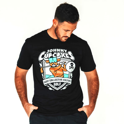 Johnny Cupcakes x CCC golf T-shirt with golfer graphic, full front view
