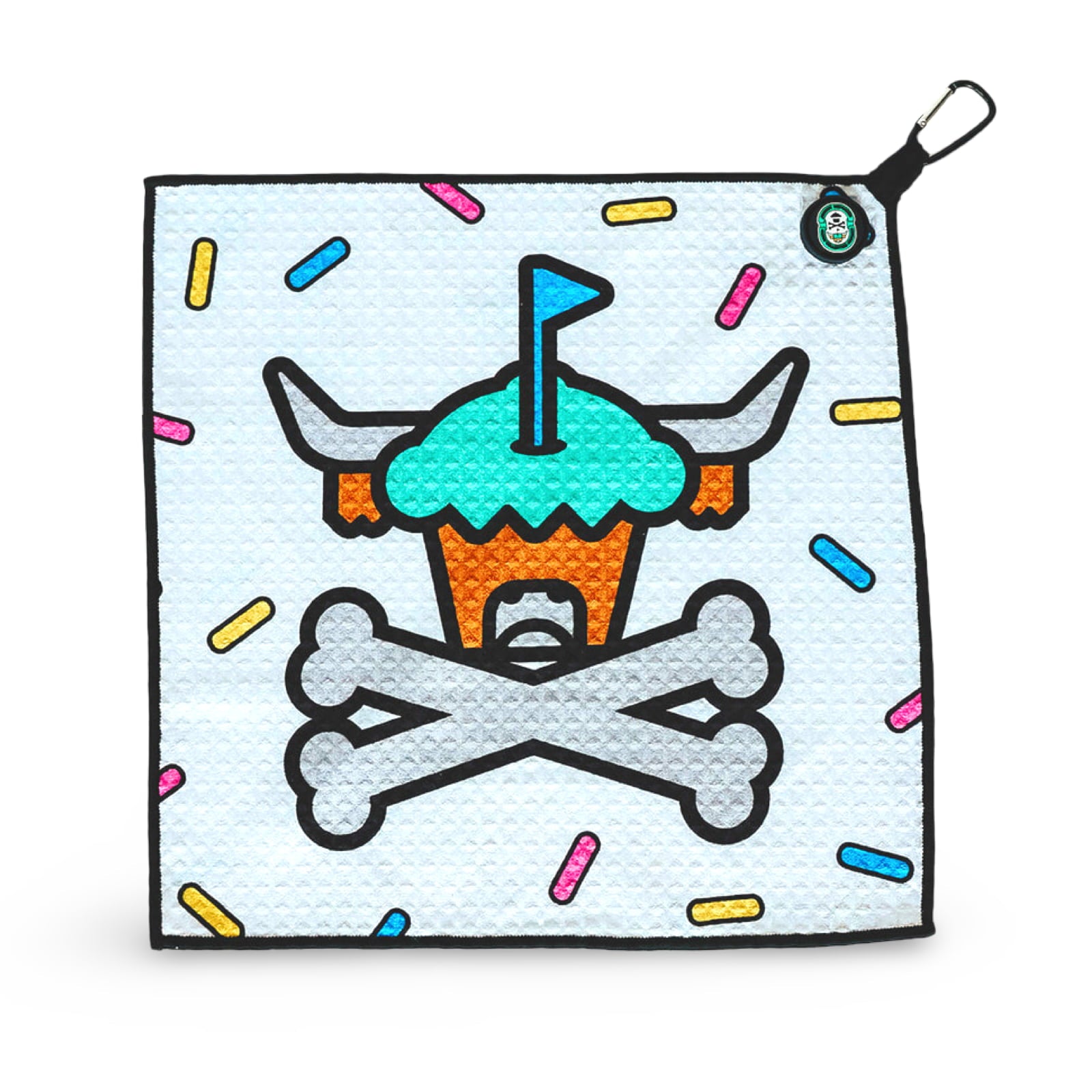 Johnny Cupcakes golf towel shown on white background at an angle