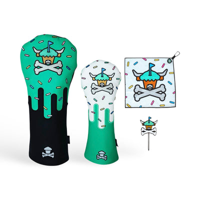Johnny Cupcakes The Sweet Spot golf set featuring driver headcover, fairway headcover, towel, and divot tool by Caddy Collective Culture