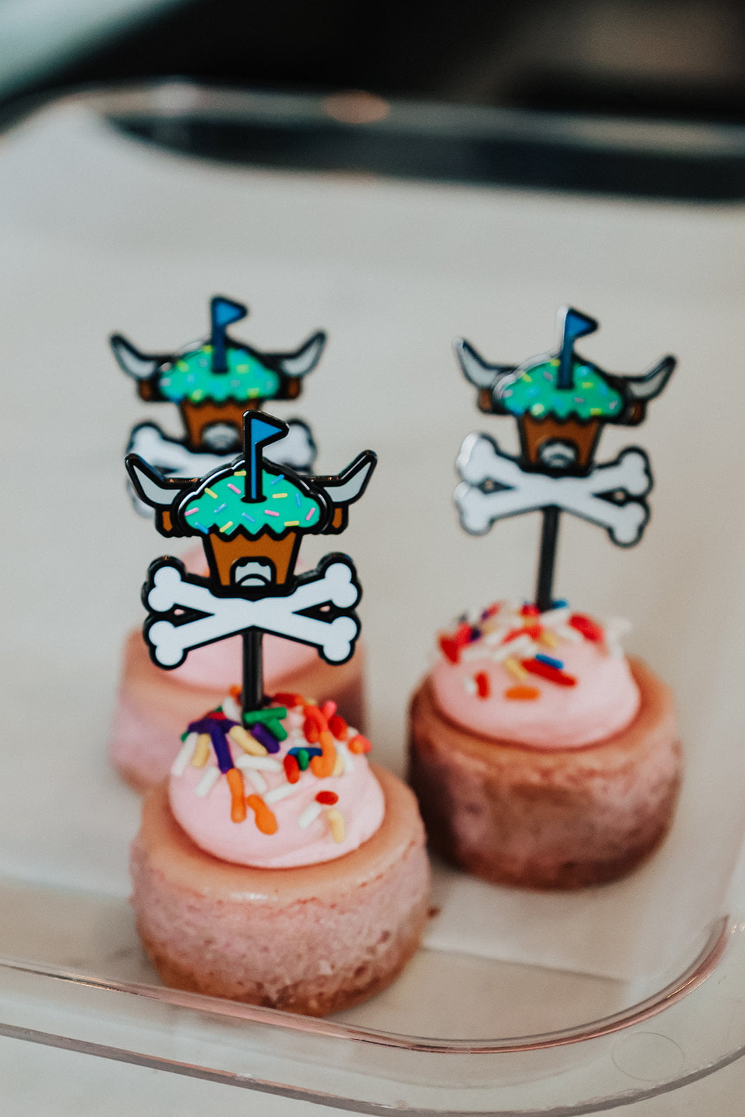 Johnny Cupcakes x Caddy Collective Culture golf ball markers styled as cupcake toppers on pink frosted cupcakes with sprinkles.