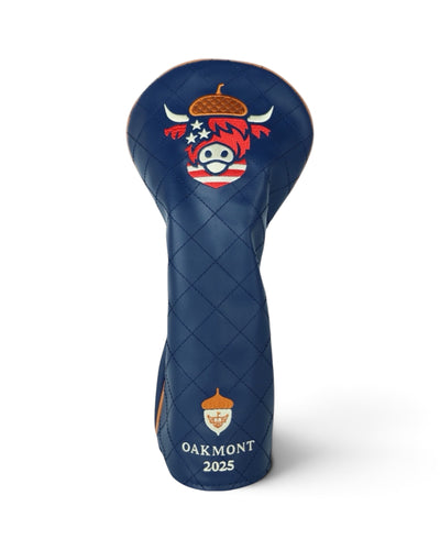 Oakmont driver headcover with navy quilted leather and embroidered Looper crest by Caddy Collective Culture