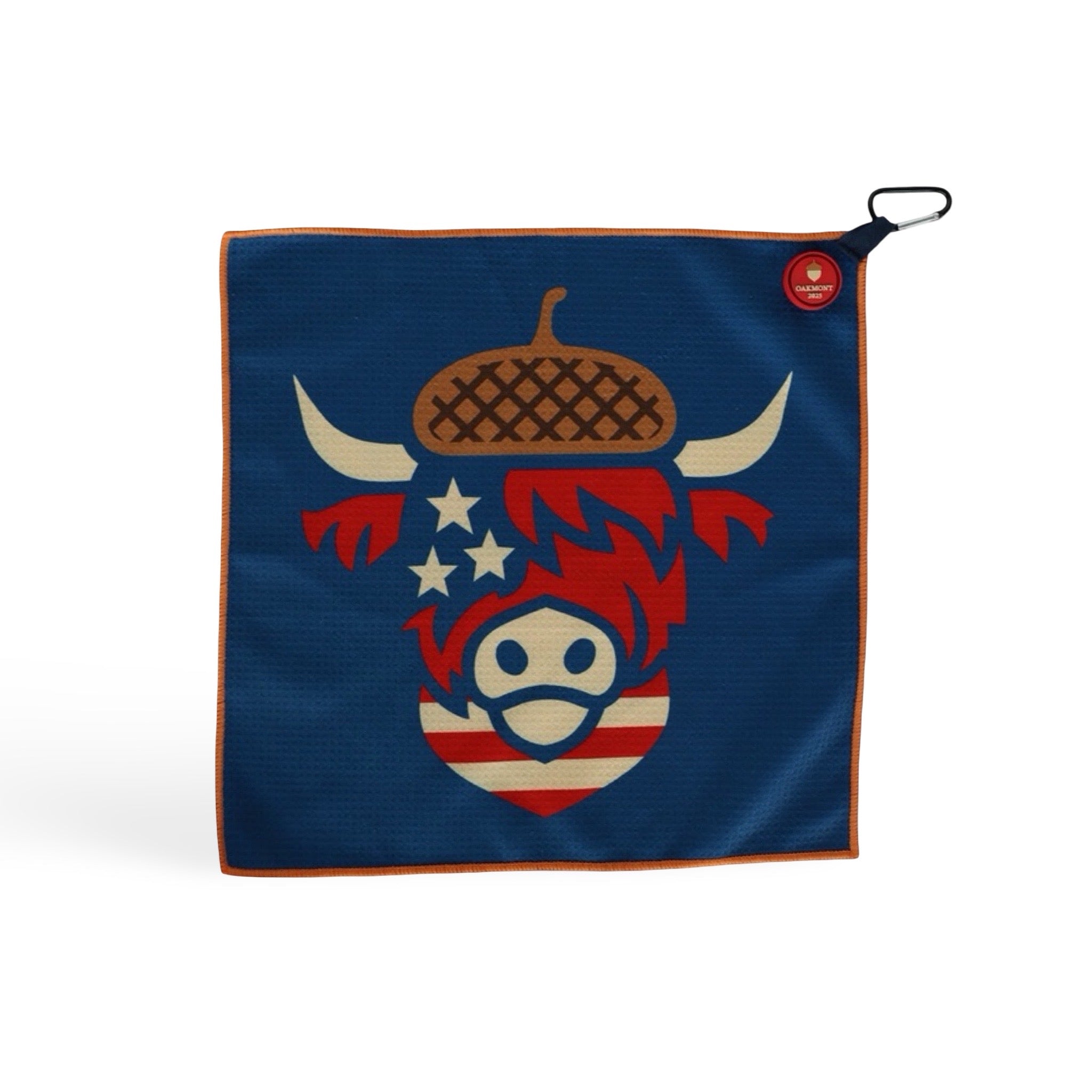 Oakmont magnetic golf towel with navy fabric, heritage Looper graphic, and magnetic clip attachment