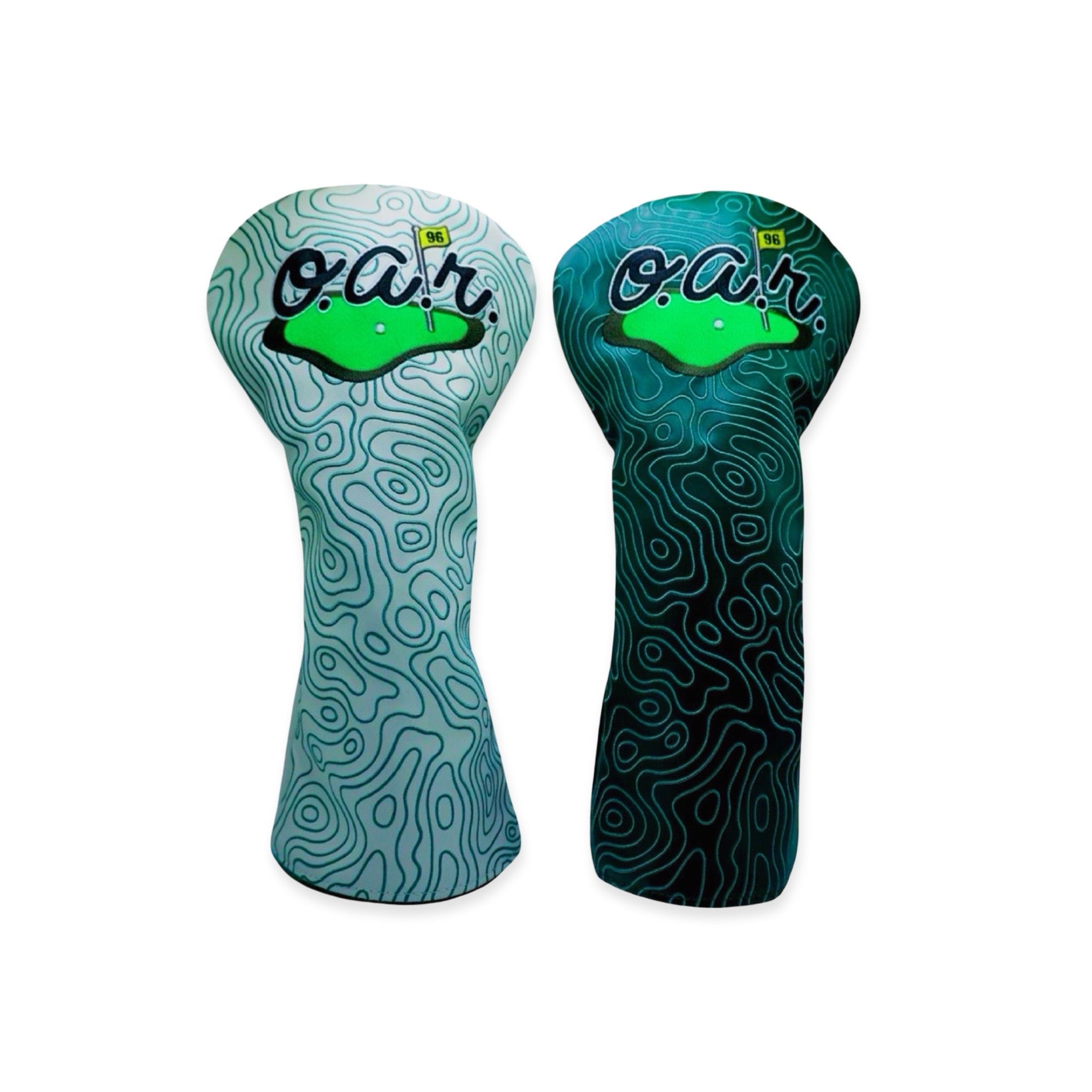 O.A.R. topographic driver headcovers in light and dark green colorways with embroidered O.A.R. logo