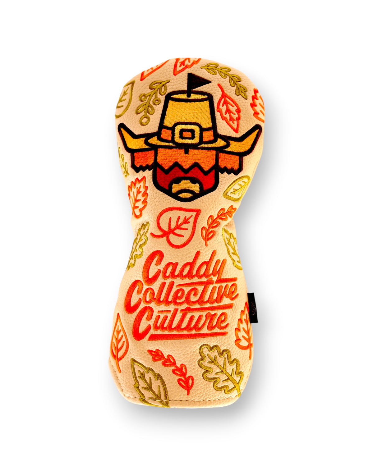 Pilgrim Looper fairway headcover with autumn leaf pattern and embroidered Caddy Collective Culture logo