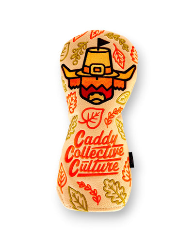 Pilgrim Looper fairway headcover with autumn leaf pattern and embroidered Caddy Collective Culture logo