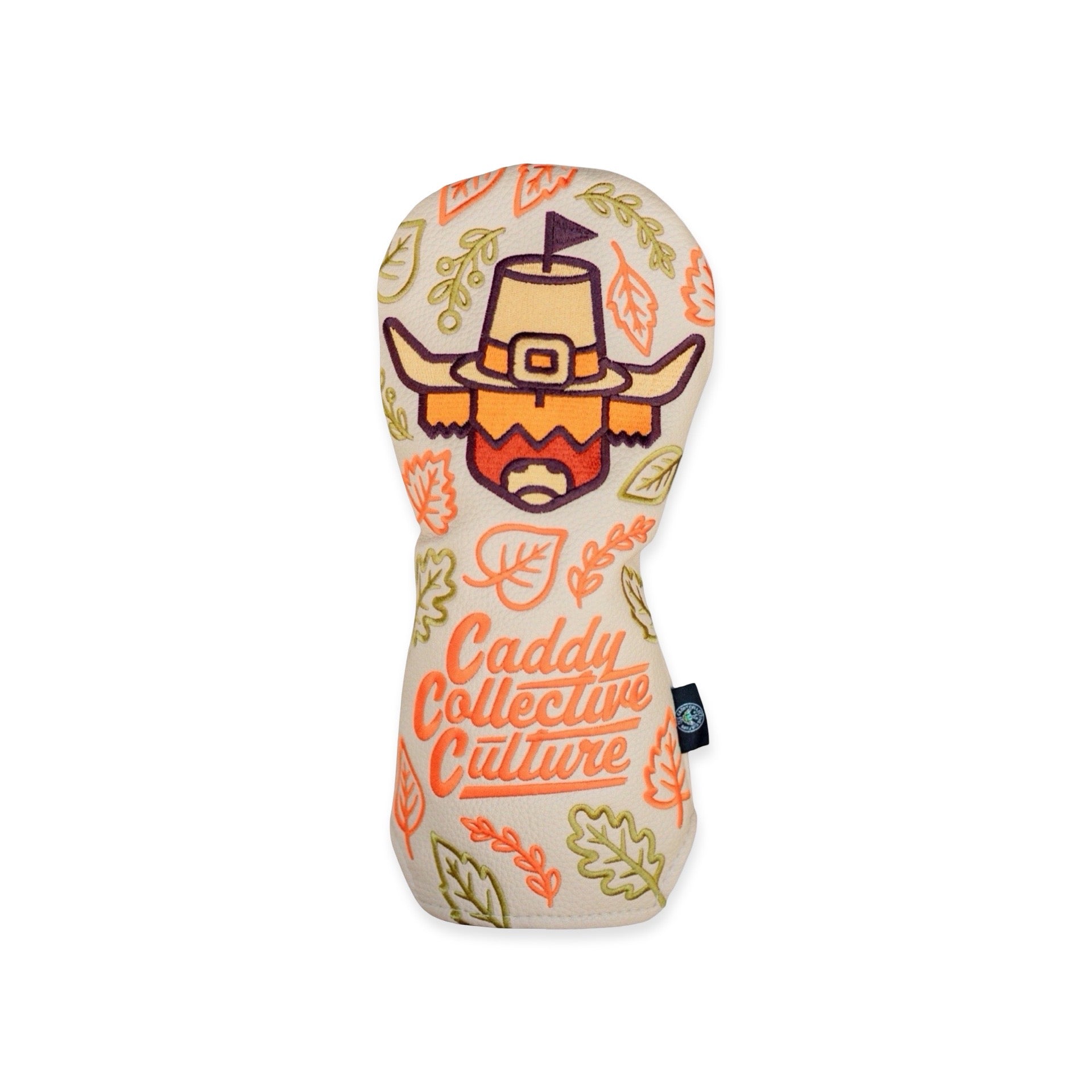 Pilgrim Looper fairway headcover with autumn leaf pattern and embroidered Caddy Collective Culture logo