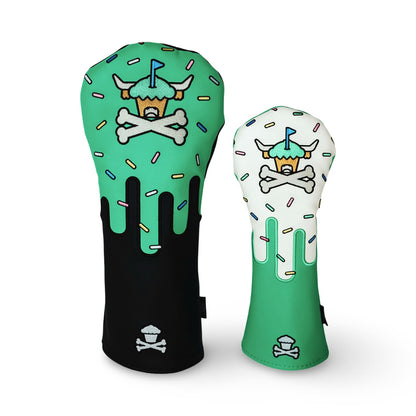 Johnny Cupcakes x Caddy Collective Culture golf headcovers set including driver and fairway designs with frosting drip artwork and Looper mascot details.