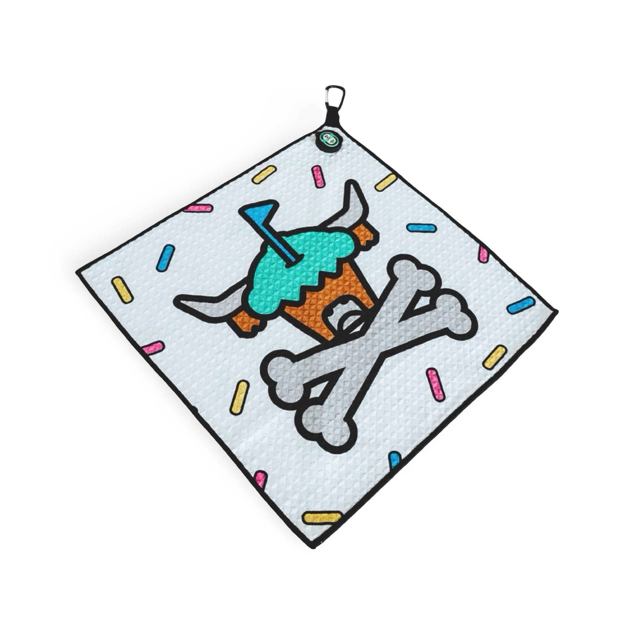 Street Frost golf towel with cupcake Looper skull design and sprinkle pattern by Caddy Collective Culture