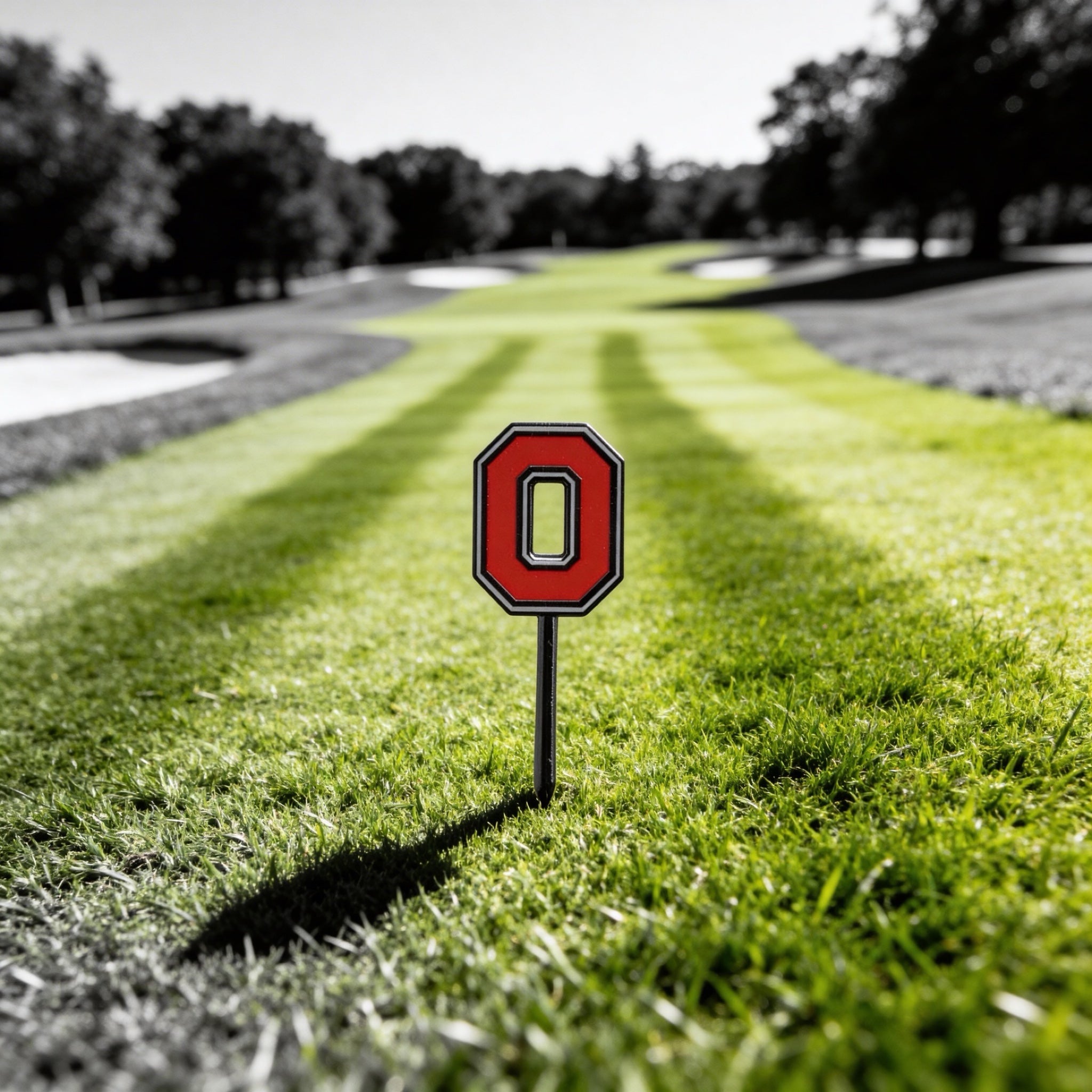 THE Block O Divot Tool with Ohio State red Block O logo placed on golf course fairway with blurred background by Caddy Collective Culture