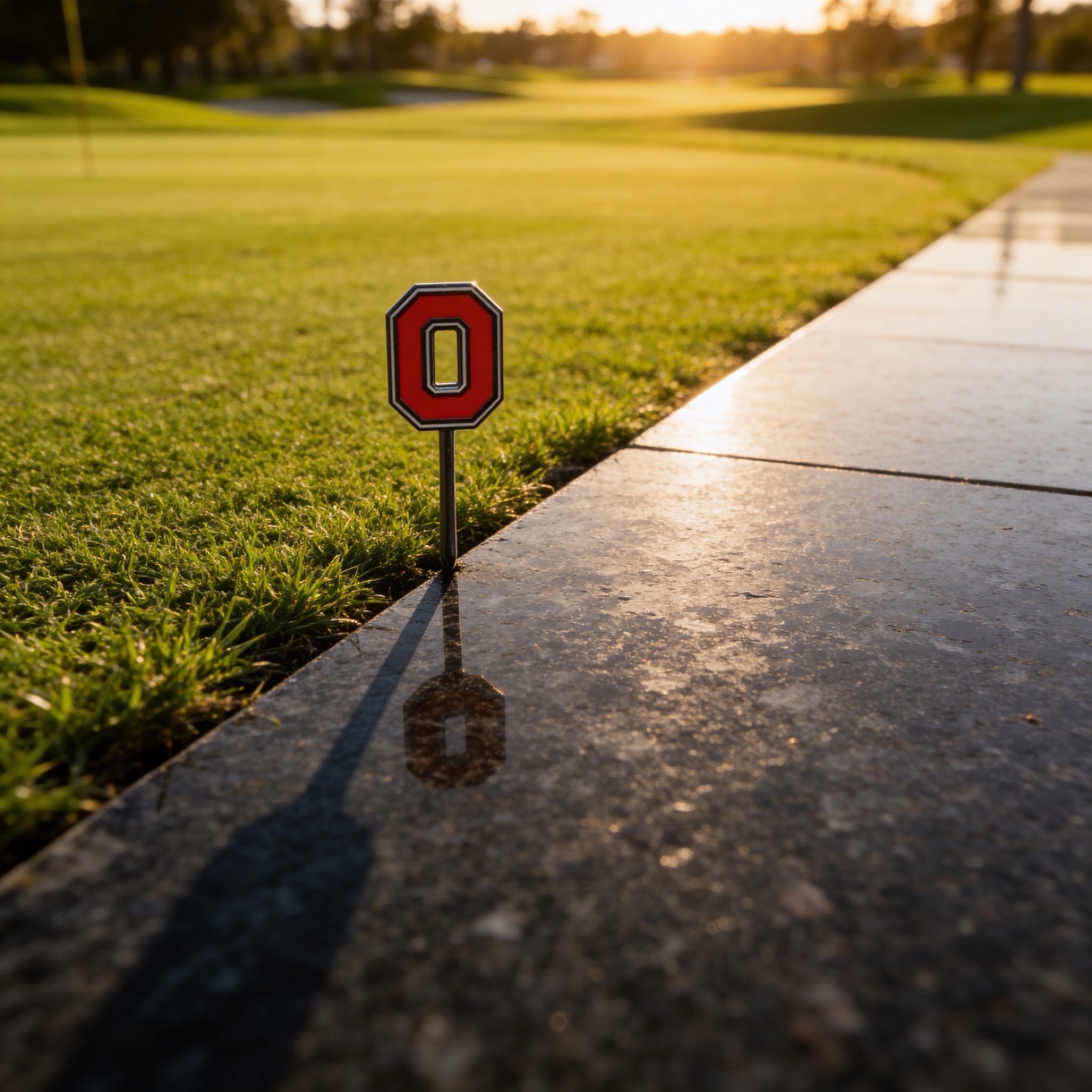 THE Block O Divot Tool featuring Ohio State logo at golden hour on golf course with reflection on stone edge by Caddy Collective Culture