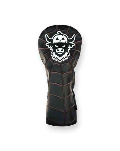 The Looper After Dark driver headcover with black leather, stitched web pattern, and embroidered Looper logo