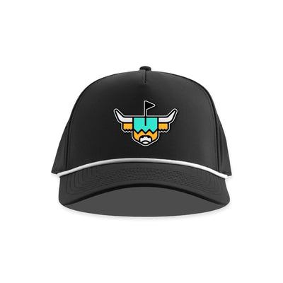 The Looper rope hat with curved 5-panel performance design, black crown, white rope detail, and embroidered Looper logo