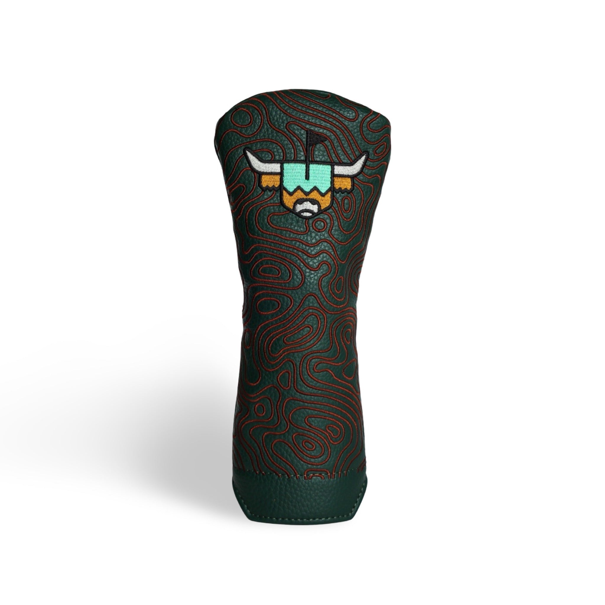 The Terrain hybrid and fairway cover with deep green leather, topographic stitching, and embroidered Looper logo