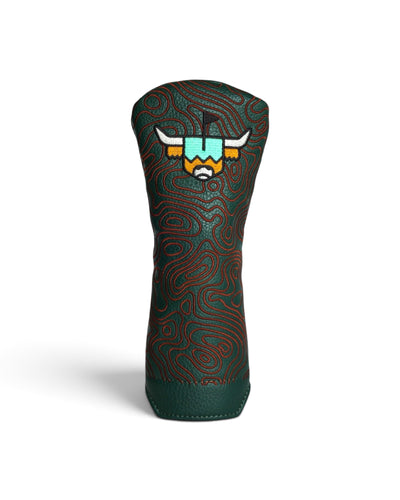 The Terrain hybrid and fairway cover with deep green leather, topographic stitching, and embroidered Looper logo
