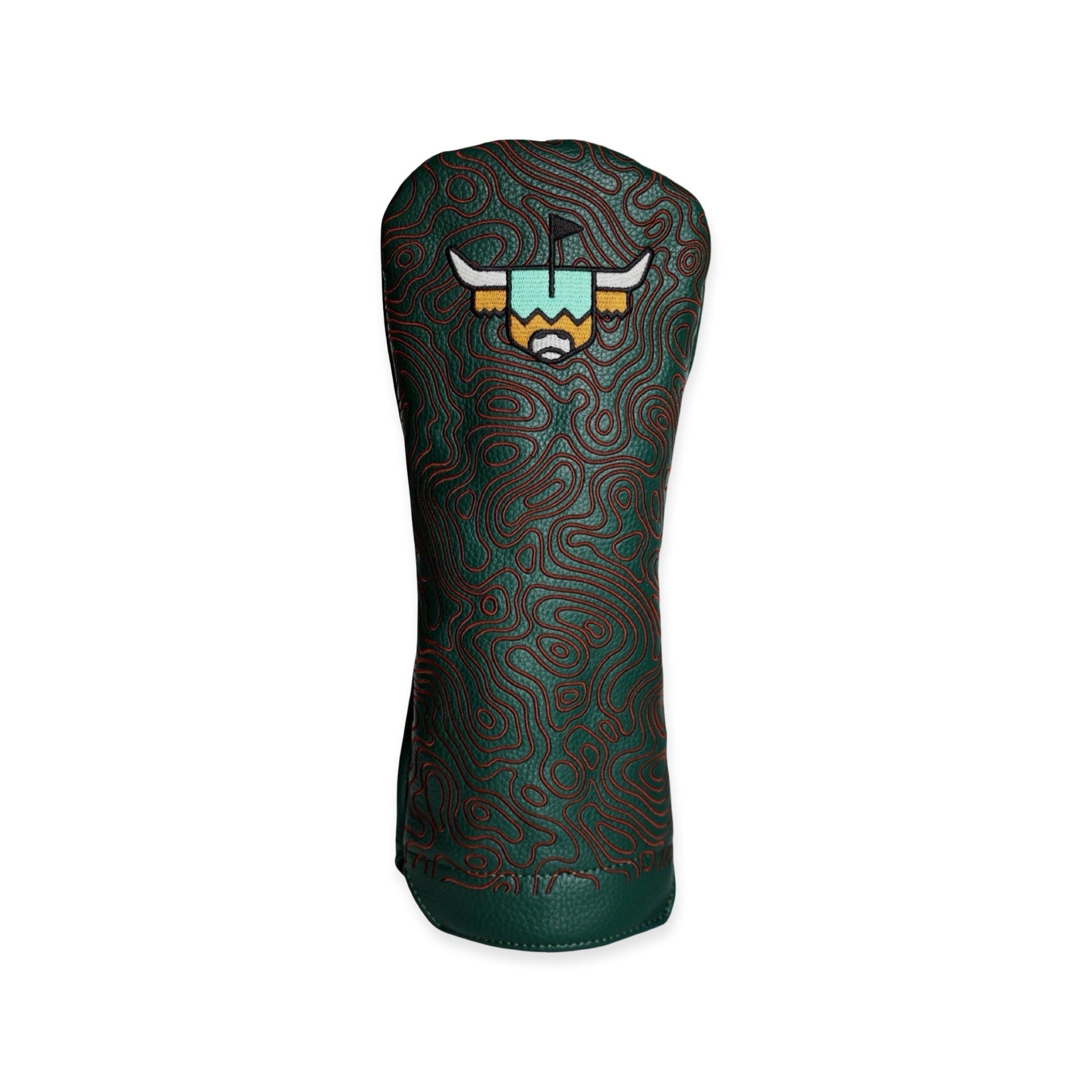 The Terrain Looper driver cover with deep green leather, topographic stitching, and embroidered Looper logo