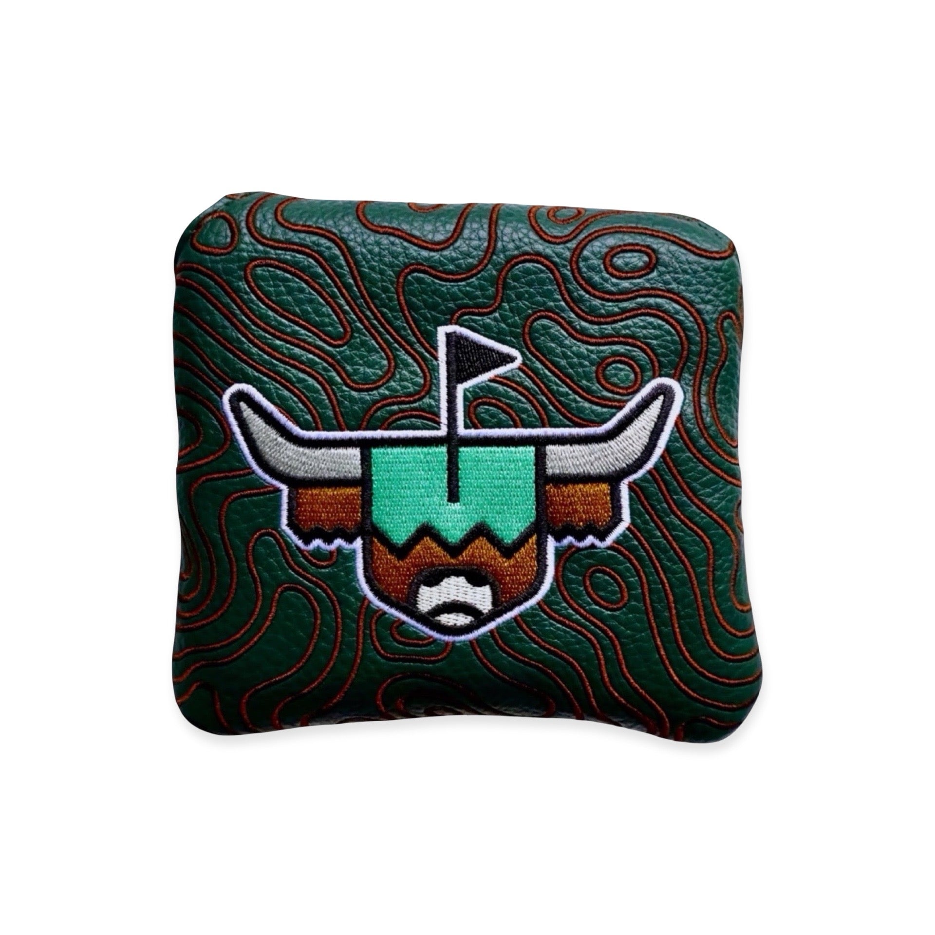 The Terrain Looper mallet putter cover with deep green leather, topographic stitching, and embroidered Looper logo