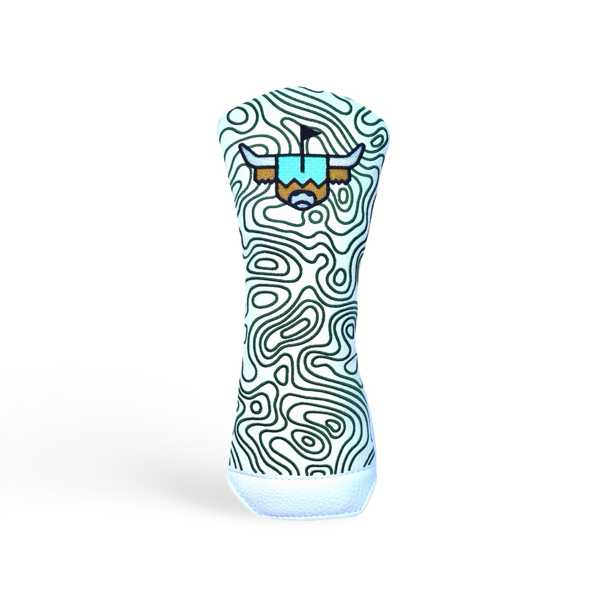 The Terrain white hybrid and fairway golf headcover with topographic stitching and embroidered Looper logo