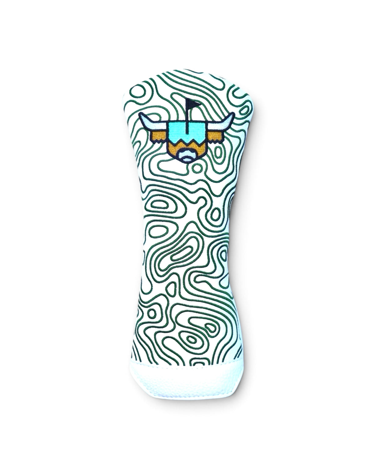 The Terrain white hybrid and fairway golf headcover with topographic stitching and embroidered Looper logo