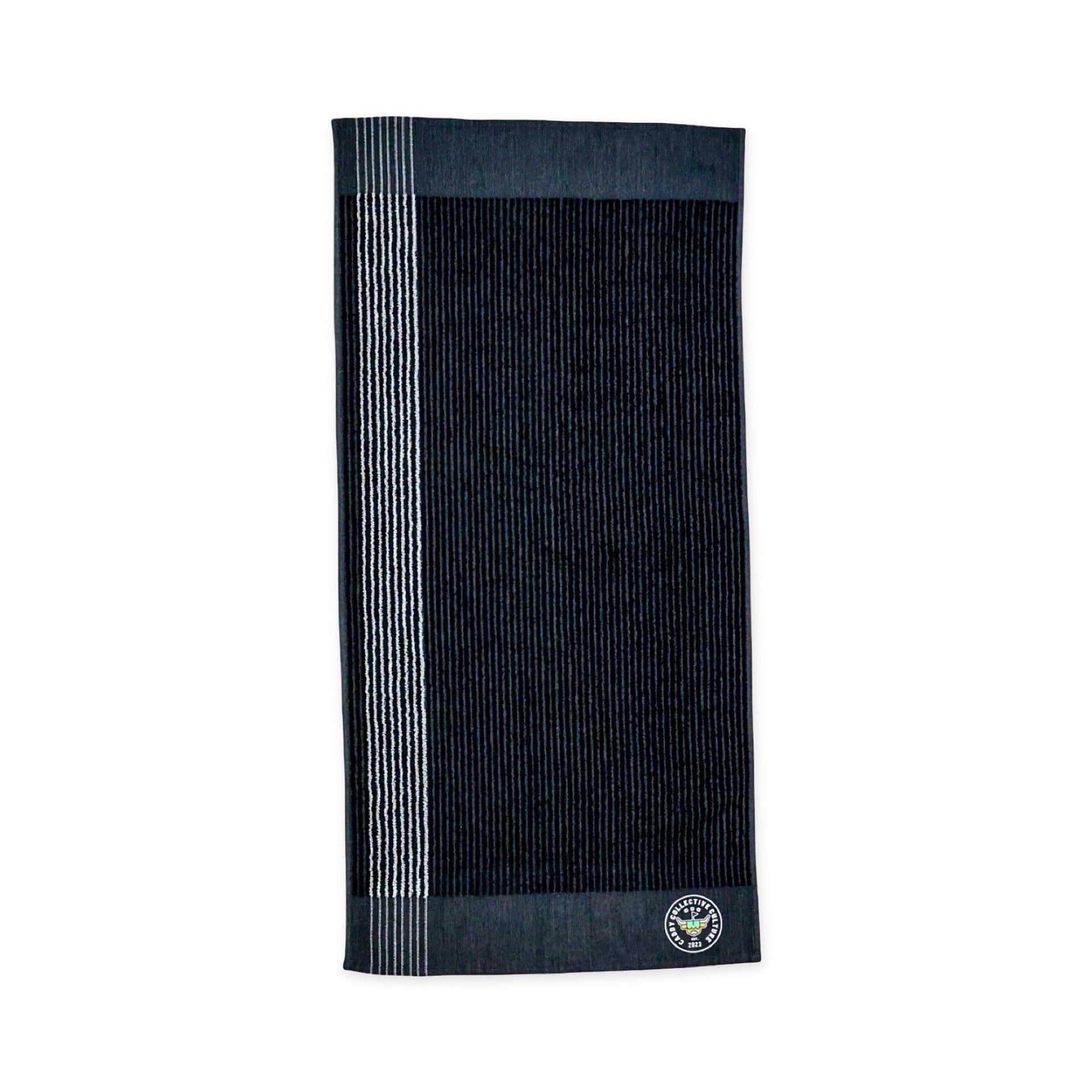 Vertical view of black CCC Tour Caddy Towel with ribbed texture