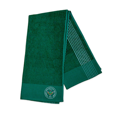 Green CCC Tour Caddy Towel laid flat showing ribbed texture and striped border