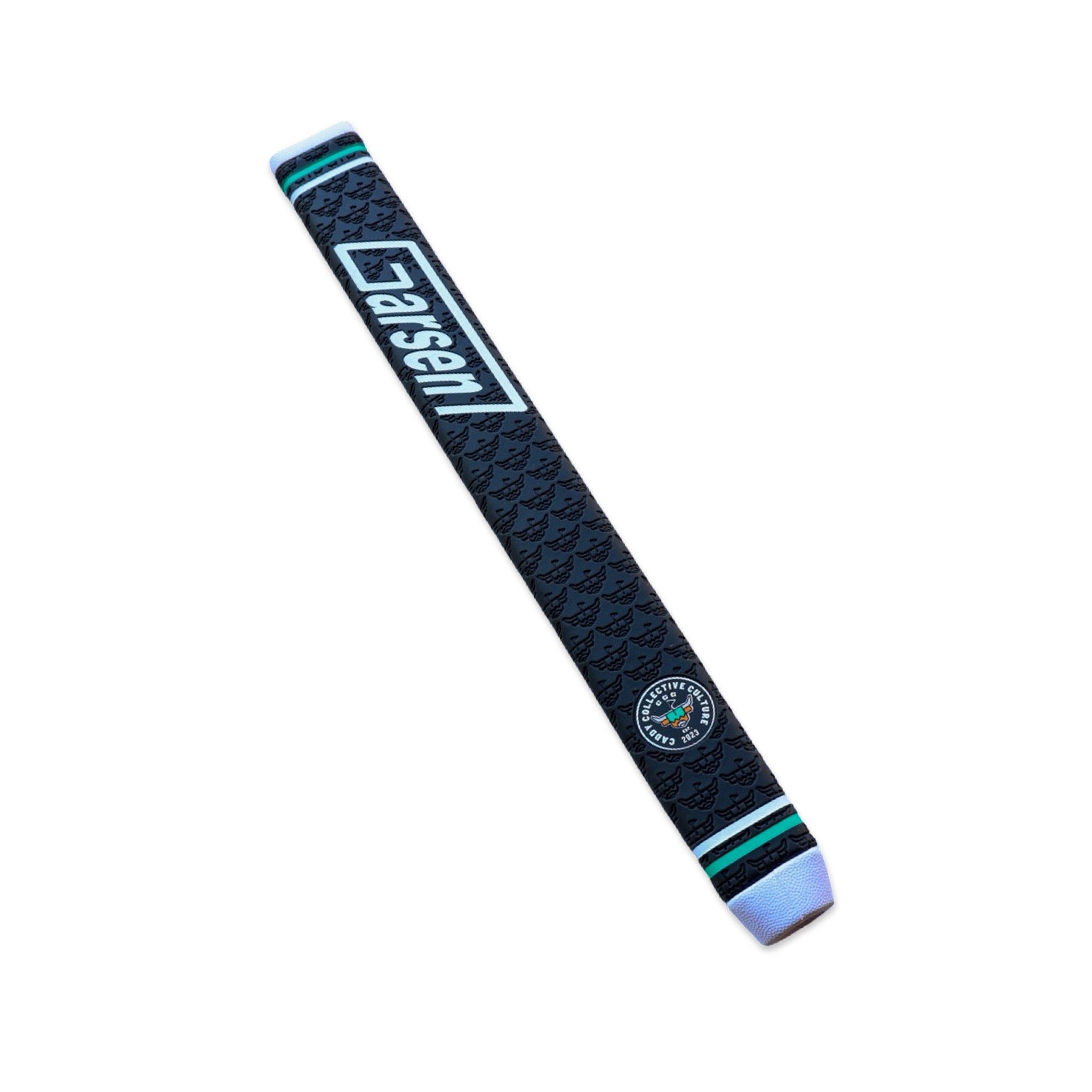 CCC x Garsen Quad Tour putter grip angled view featuring Caddy Collective Culture badge detail