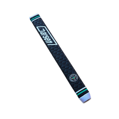 CCC x Garsen Quad Tour putter grip angled view featuring Caddy Collective Culture badge detail