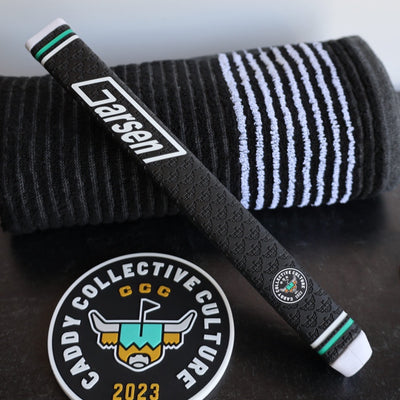 CCC x Garsen Quad Tour putter grip styled with Caddy Collective towel and logo practice disc
