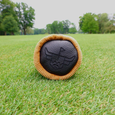 Front detail of the Corduroy Barrel Fairway Wood Headcover featuring mustard corduroy and charcoal leather with embroidered logo.