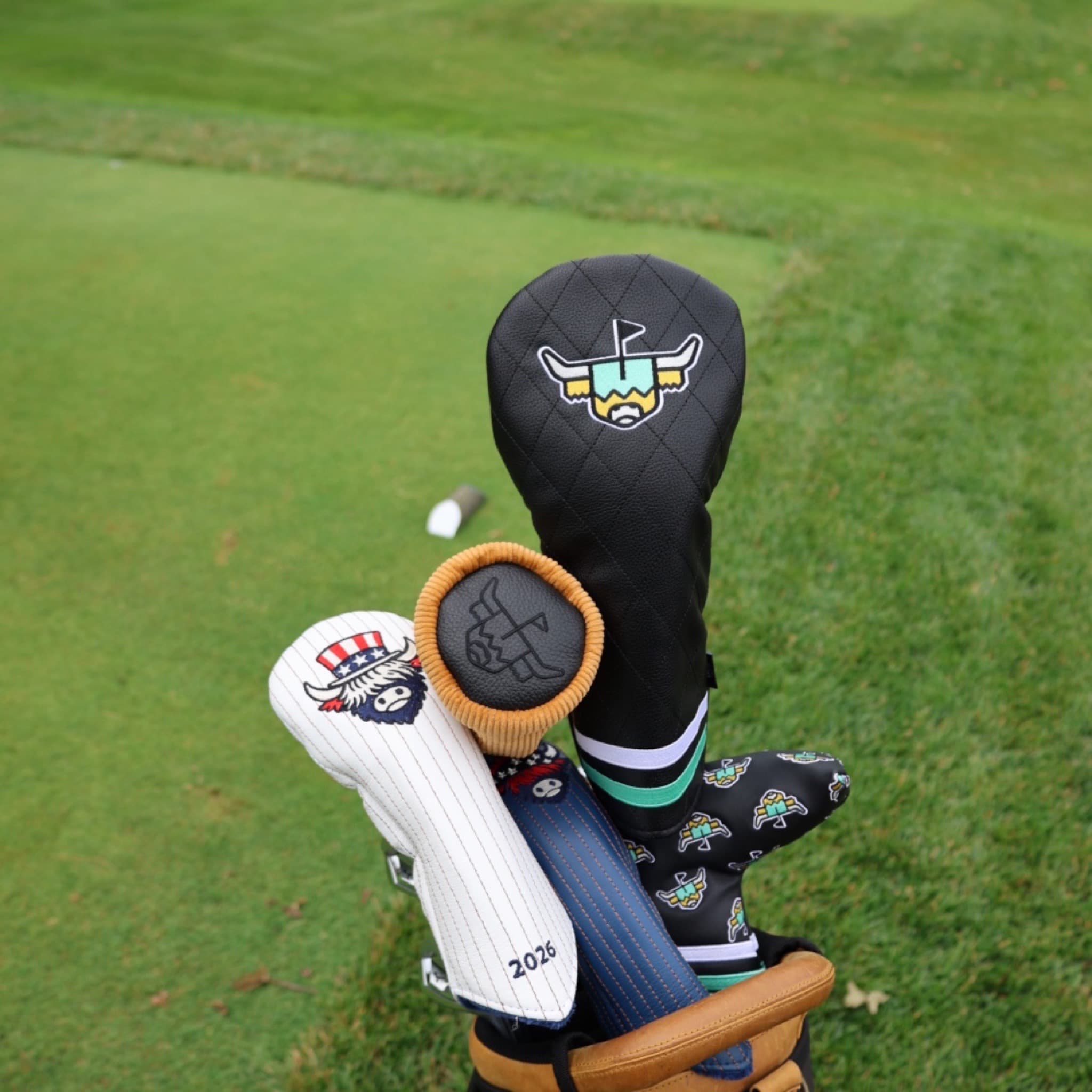 Corduroy Barrel Fairway Wood Headcover featured in a golf bag with coordinating driver and fairway wood headcovers by Caddy Collective Culture.