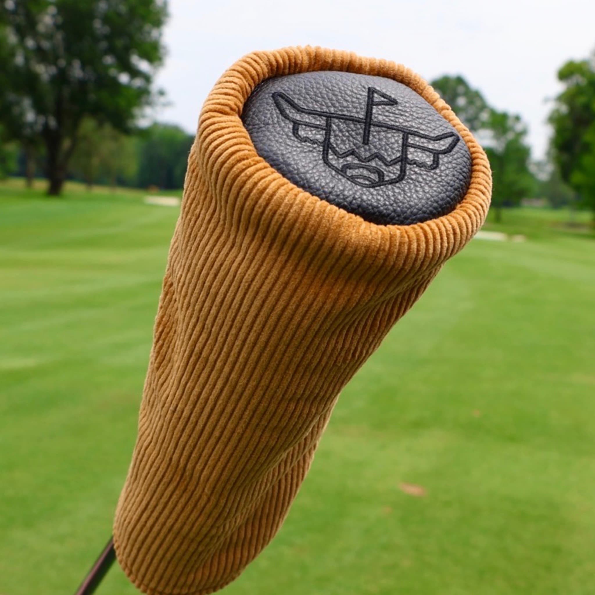 Corduroy Barrel Fairway Wood Headcover mounted on a golf club showcasing mustard corduroy construction and charcoal leather top panel.