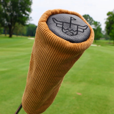 Corduroy Barrel Fairway Wood Headcover mounted on a golf club showcasing mustard corduroy construction and charcoal leather top panel.